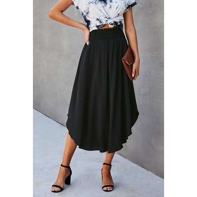 Solid Shirred Elastic Waist A Line Flared Skirt