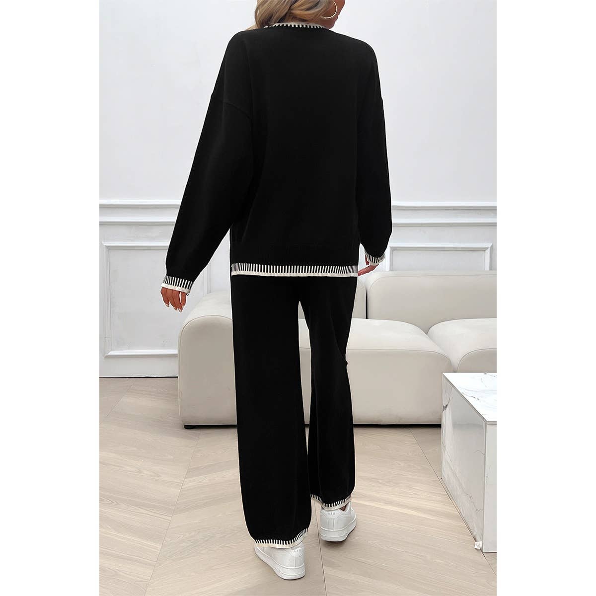Color Block Round Neck Drop Shoulder Loose Set