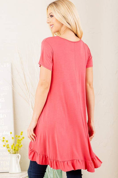 SOLID HIGH LOW TUNIC TOP WITH RUFFLED