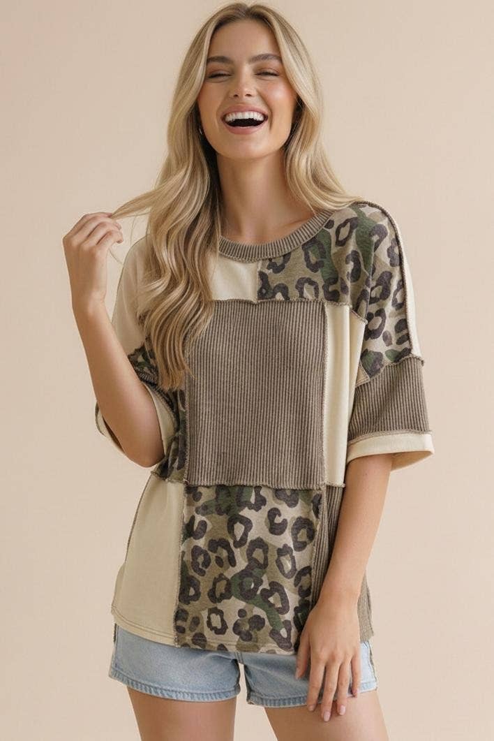 Plus Camo Animal Print Color Block Top
