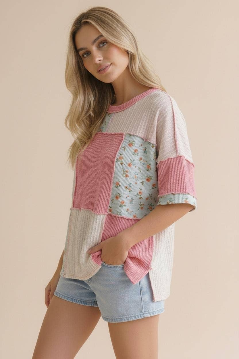 Plus Floral Ribbed Color Block Patchwork Top
