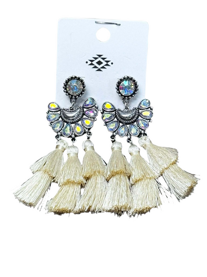 3 TIER EARRINGS WITH TASSELS AND AB STONES