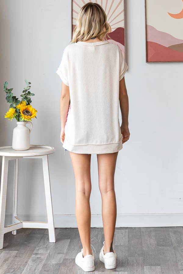 Color Block Textured Patchwork Short Sleeve Top