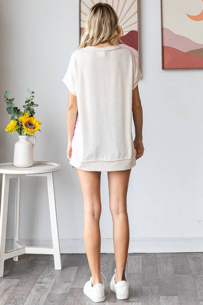 Color Block Textured Patchwork Short Sleeve Top