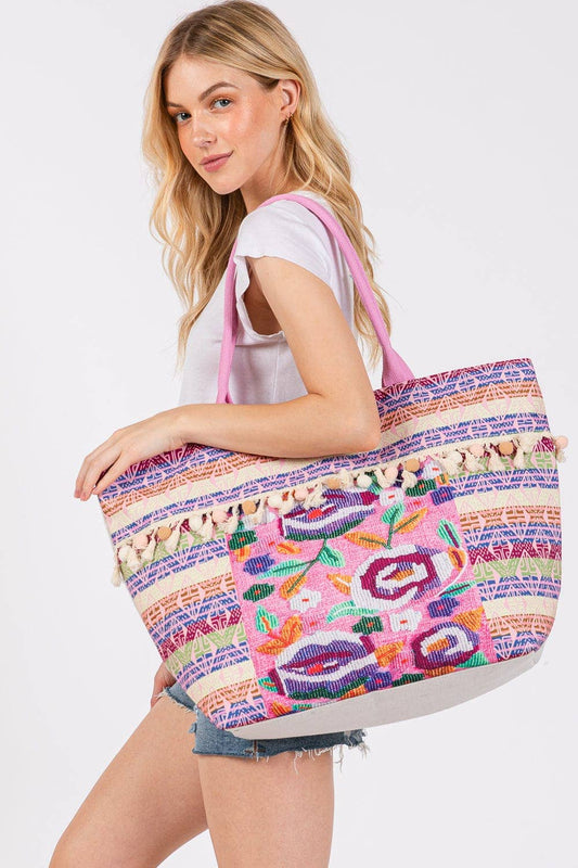 Boho Print Pom Pom Fringe Tote Bag