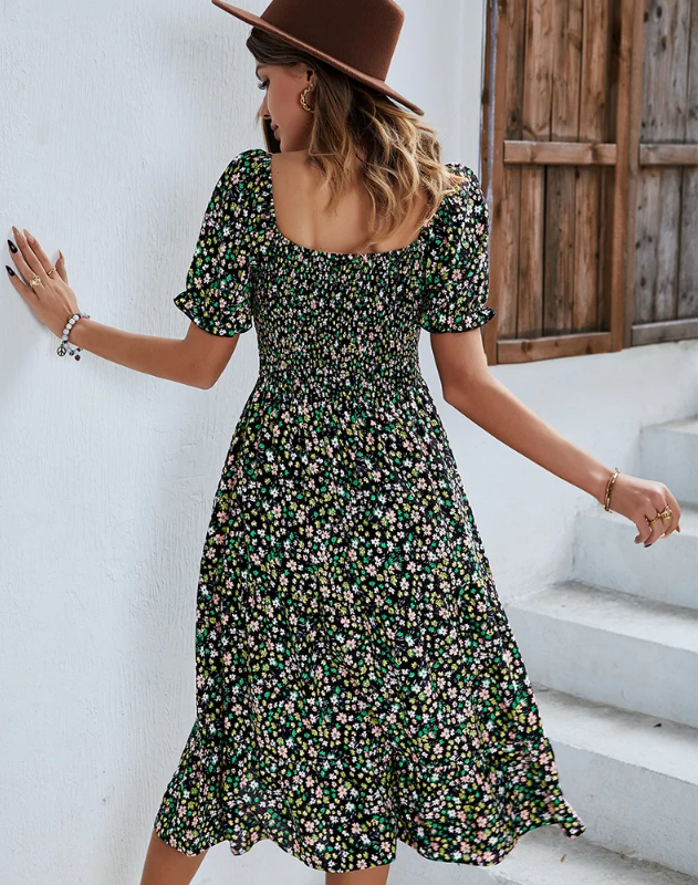 Bohemia Floral Puff Sleeve High Waist Flounce Sleeve Dress