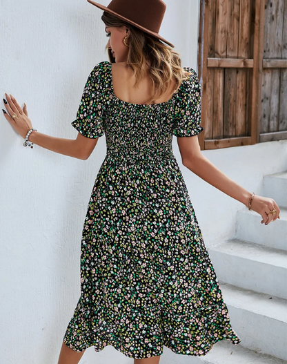 Bohemia Floral Puff Sleeve High Waist Flounce Sleeve Dress