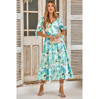 Floral Paint Short Sleeve Tie Cuff Surplice Neck Dress