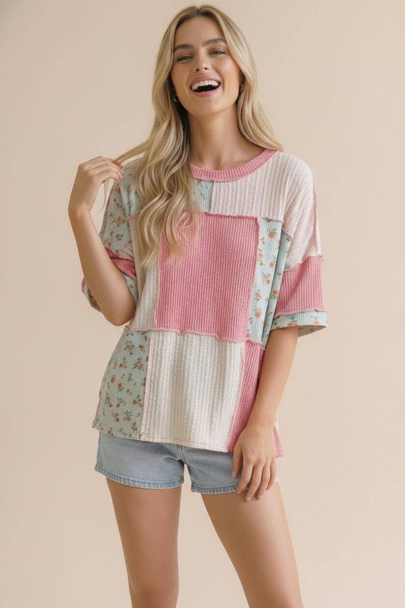 Plus Floral Ribbed Color Block Patchwork Top