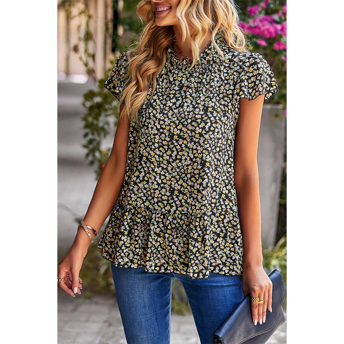 Ruffle Frill Trim Mock Neck Short Sleeve Shirt