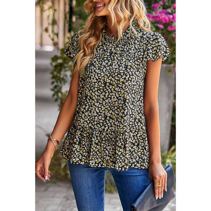 Ruffle Frill Trim Mock Neck Short Sleeve Shirt