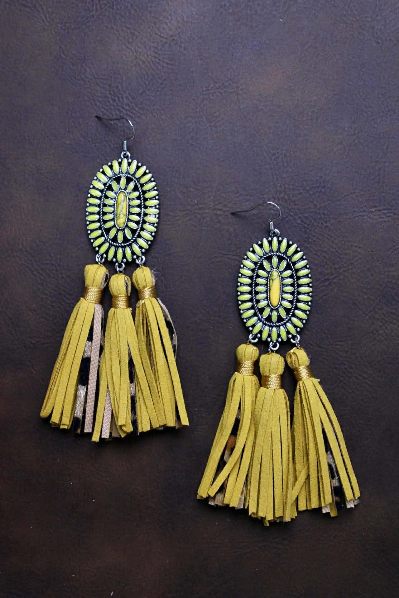 SQUASH EARRINGS WITH LEATHER AND LEOPARD TASSELS