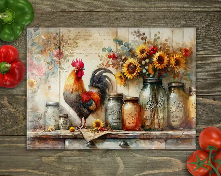 Rooster Mason Jars Glass Cutting Board
