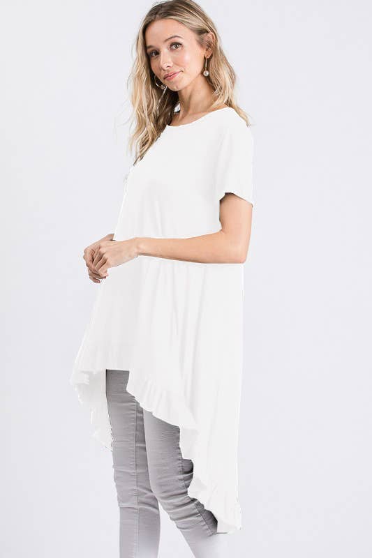 SOLID HIGH LOW TUNIC TOP WITH RUFFLED