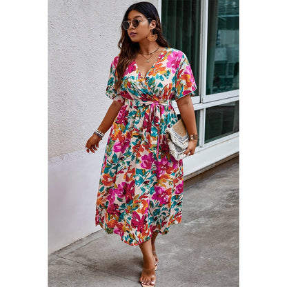 Plus Size Floral Butterfly Sleeve Belted Dress