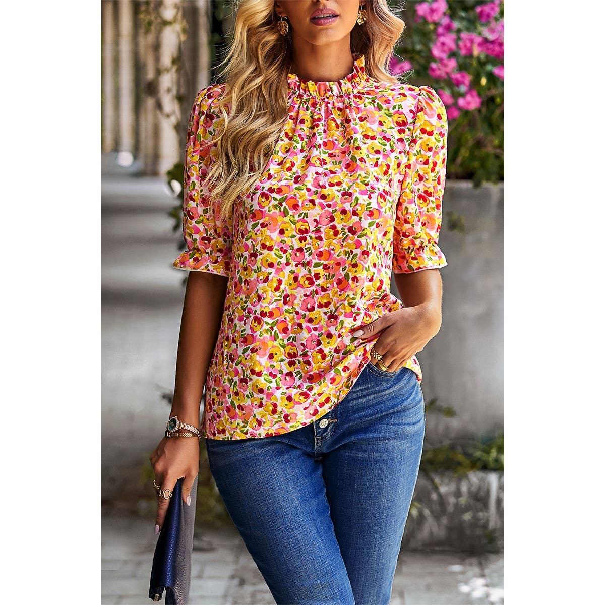 Boho Floral Ruffle Mock Neck Puff Short Sleeve Shirt