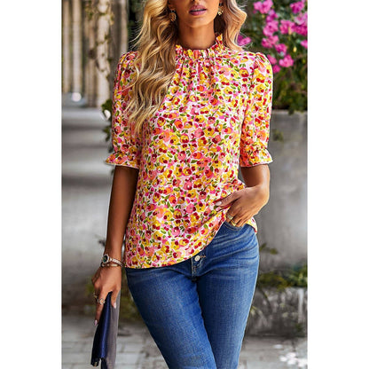 Boho Floral Ruffle Mock Neck Puff Short Sleeve Shirt