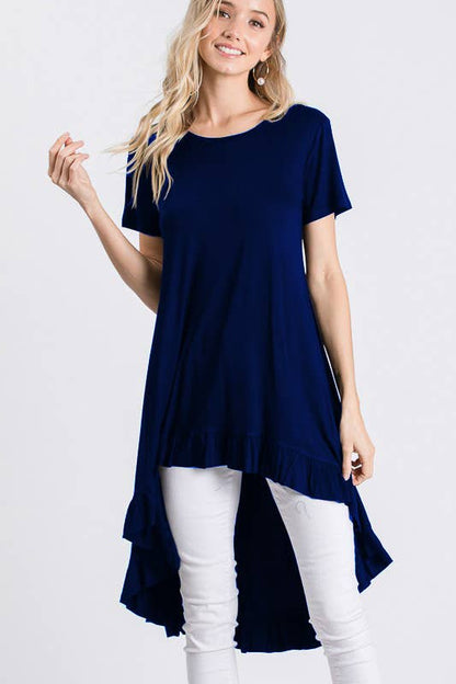 SOLID HIGH LOW TUNIC TOP WITH RUFFLED