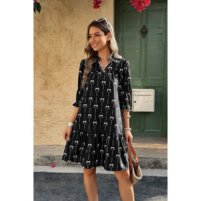 A Line Bow Ruffle V Neck Loose Fit Dress