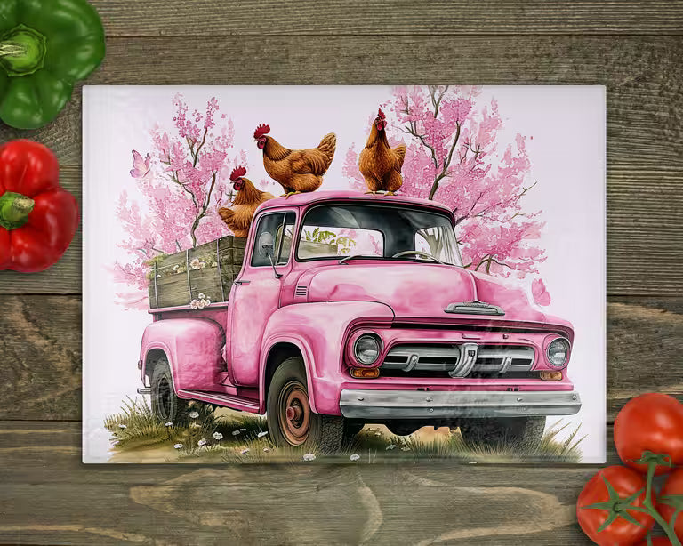 Chickens Pink Truck Glass Cutting Board