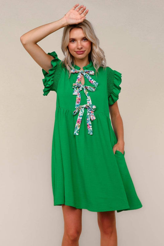 Plus Solid Woven Midi Dress W/ Floral Bow Tie