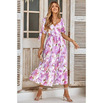 Floral Paint Short Sleeve Tie Cuff Surplice Neck Dress