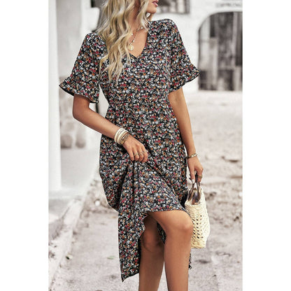 Boho Floral Ruffle Hem V Neck Short Sleeve Dress
