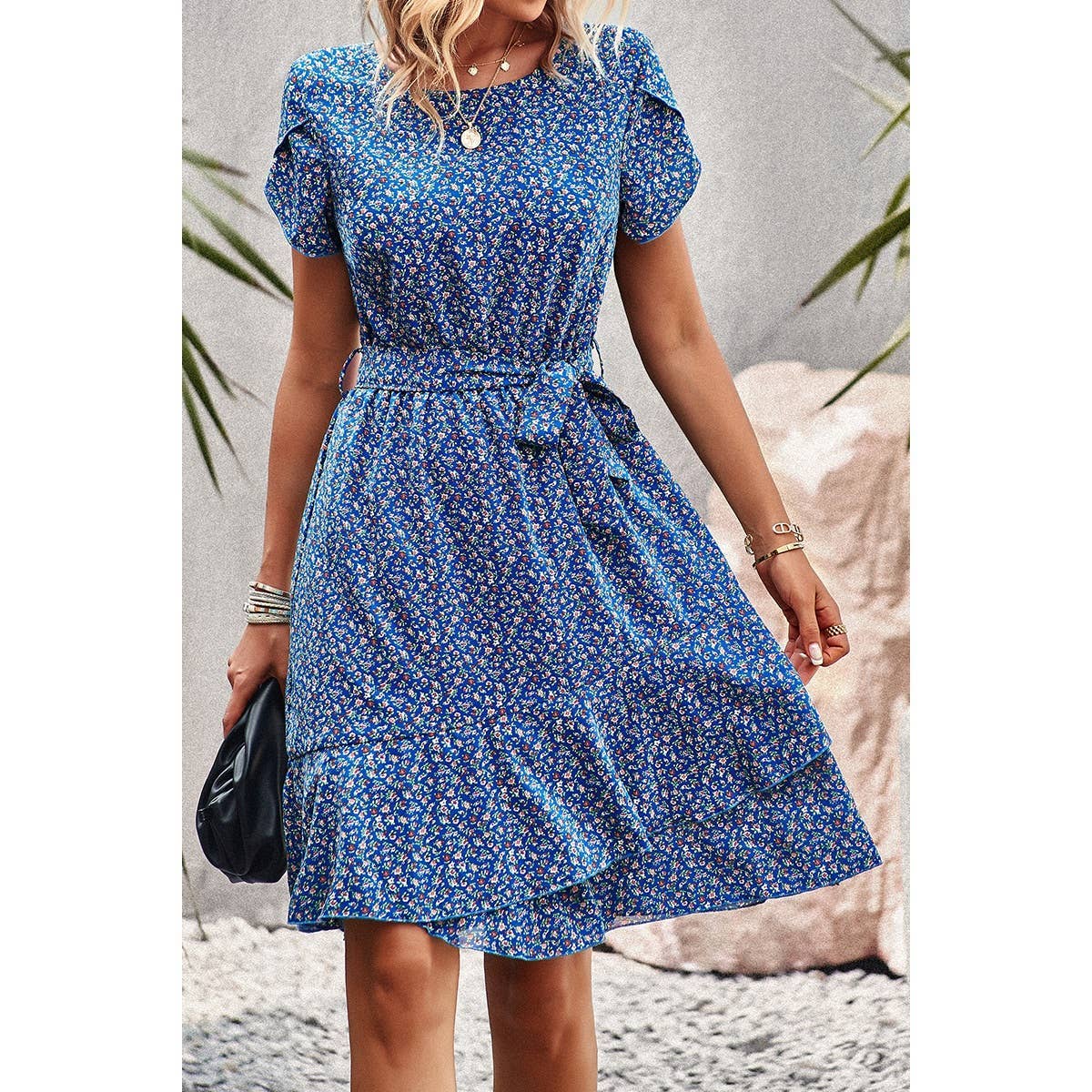 Floral Round Neck Slim Fit Tiered A Line Ruffle Dress