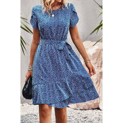 Floral Round Neck Slim Fit Tiered A Line Ruffle Dress