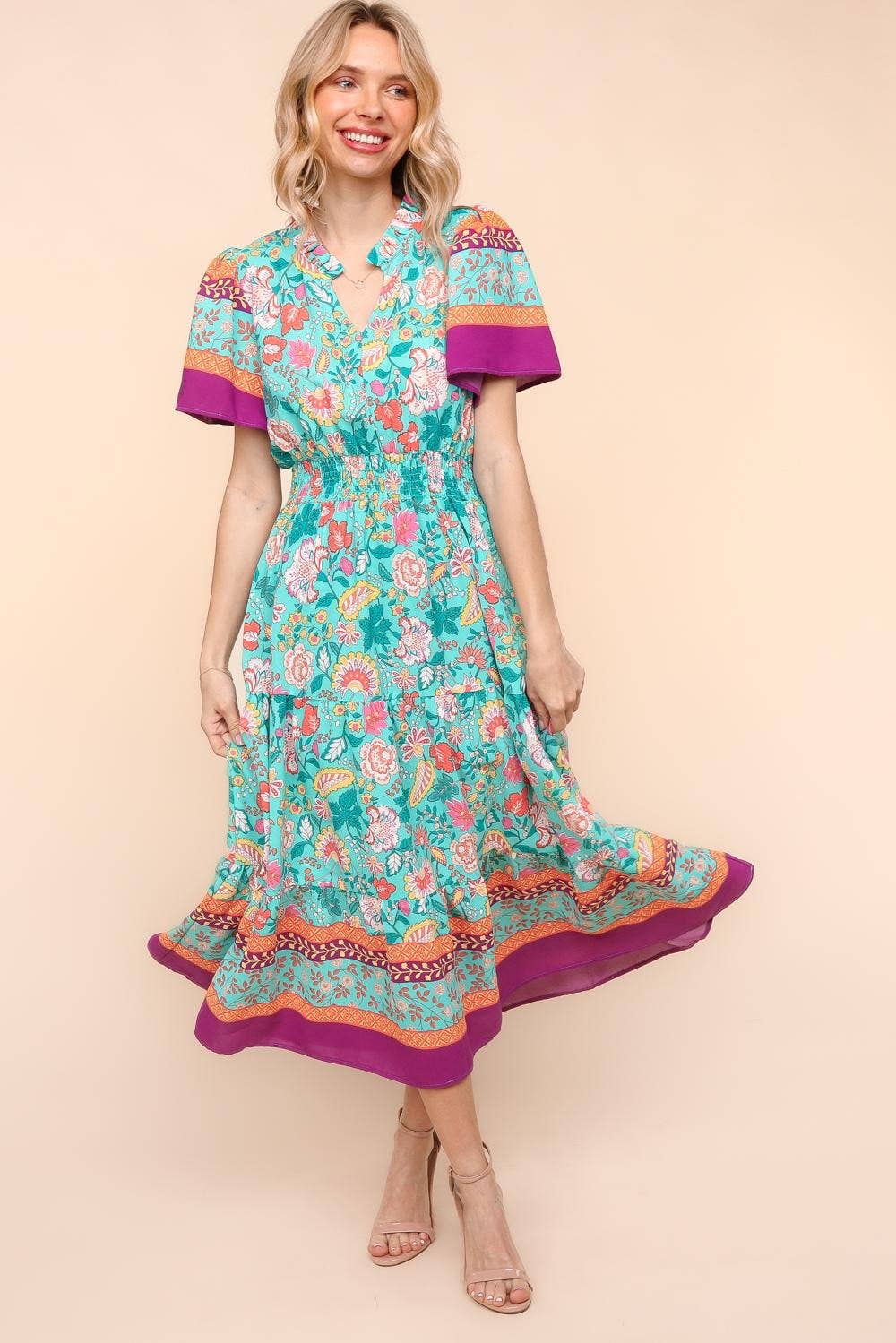 Max Floral Border Print Dress W/side Pockets