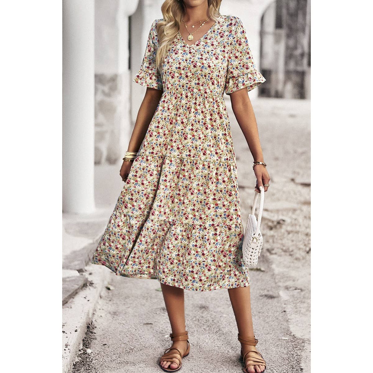 Boho Floral Ruffle Hem V Neck Short Sleeve Dress