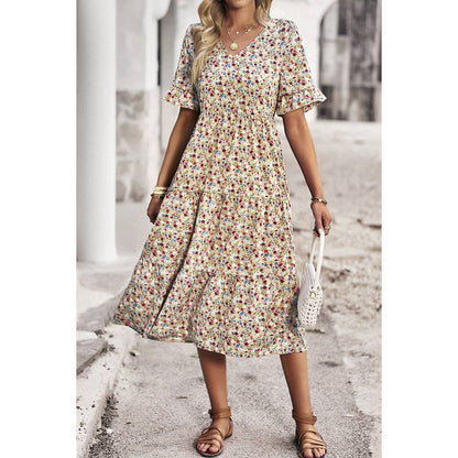 Boho Floral Ruffle Hem V Neck Short Sleeve Dress
