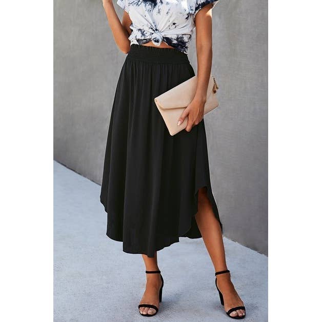 Solid Shirred Elastic Waist A Line Flared Skirt