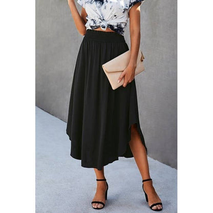 Solid Shirred Elastic Waist A Line Flared Skirt