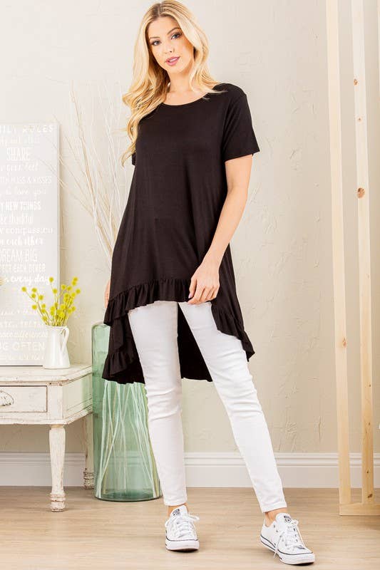 SOLID HIGH LOW TUNIC TOP WITH RUFFLED