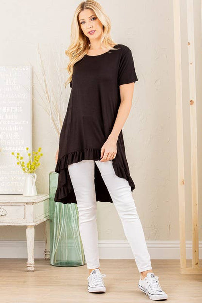 SOLID HIGH LOW TUNIC TOP WITH RUFFLED