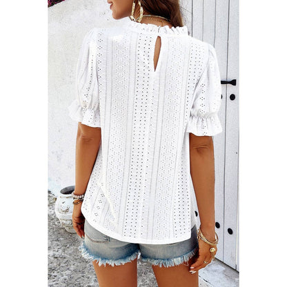 Round Neck Embroidery Ruffle Sleeve Loose Fit Shirts