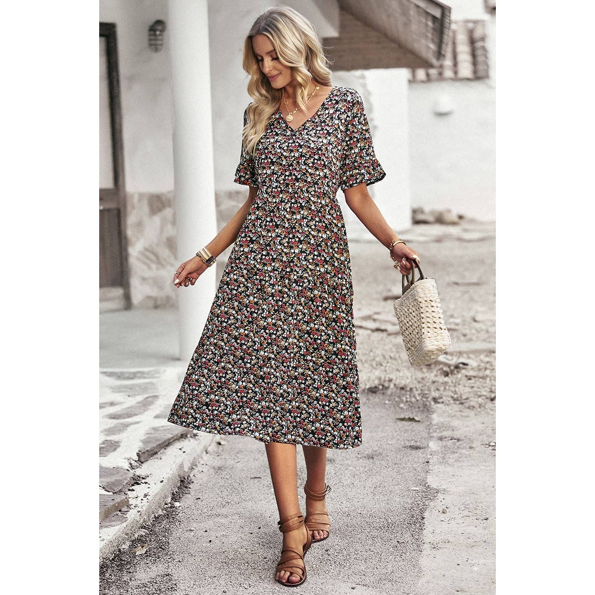 Boho Floral Ruffle Hem V Neck Short Sleeve Dress