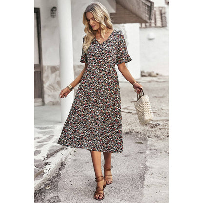 Boho Floral Ruffle Hem V Neck Short Sleeve Dress