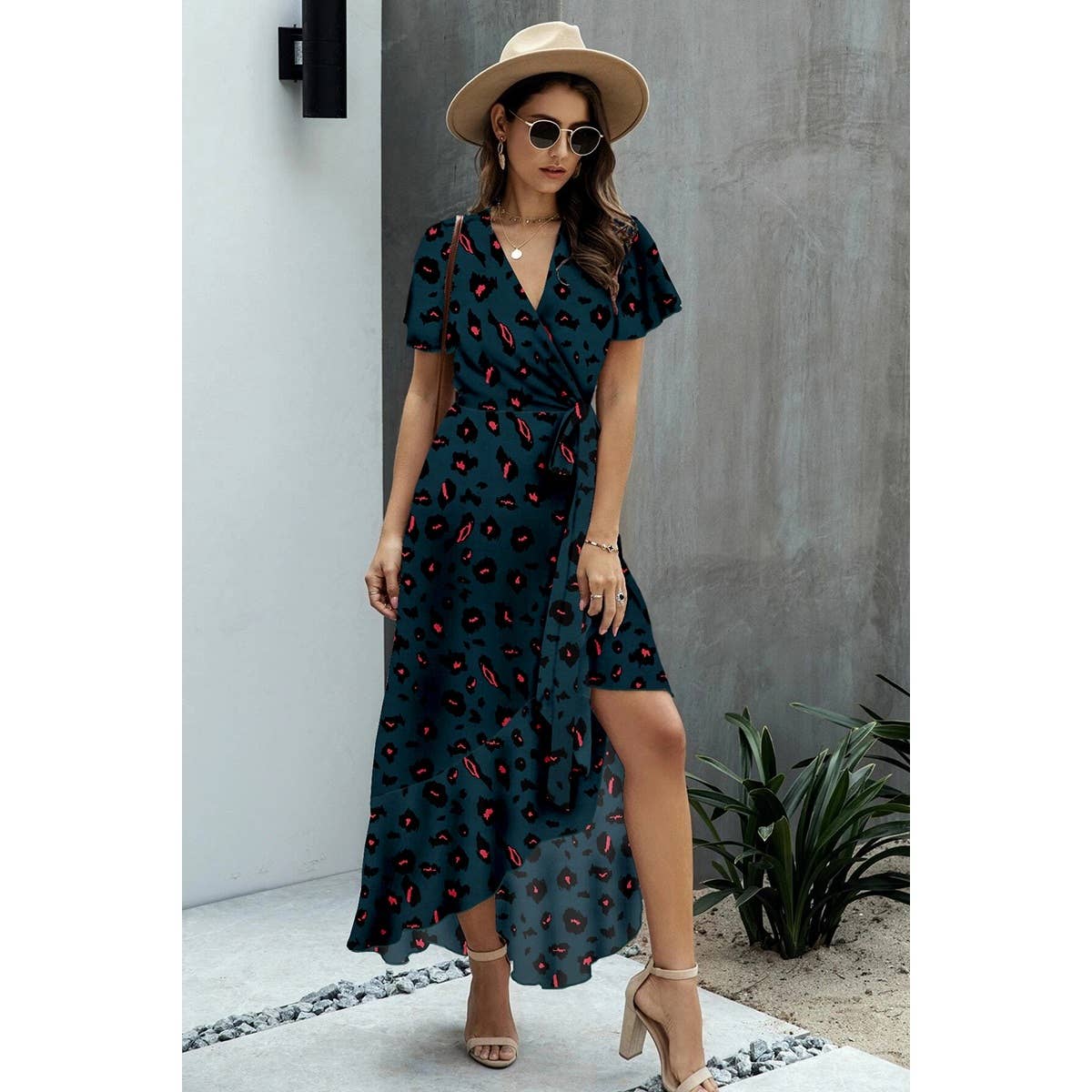 Allover Print High V Neck Low Wrap Dress