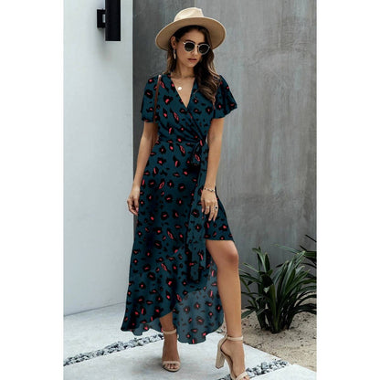 Allover Print High V Neck Low Wrap Dress
