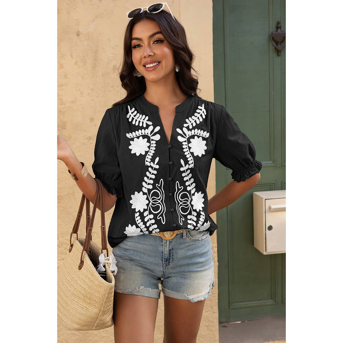 V Neck Boho Puff Short Sleeve Button Down Shirt