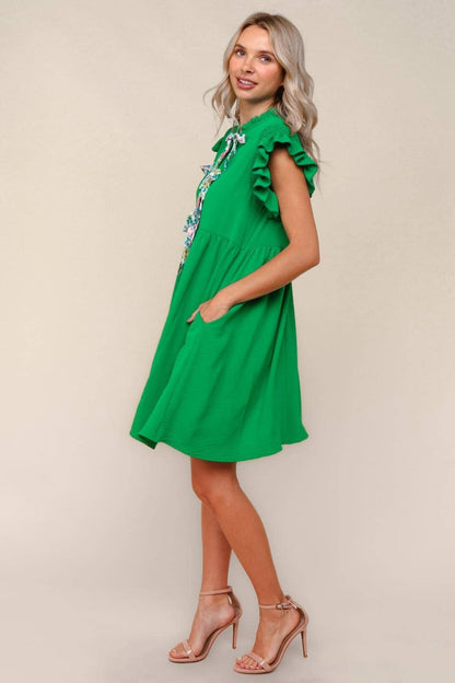 Plus Solid Woven Midi Dress W/ Floral Bow Tie