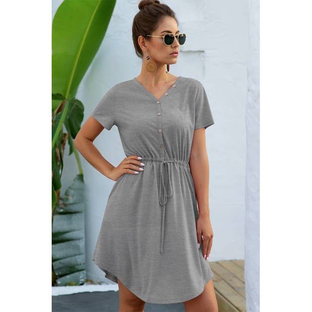 Solid V Neck Button Down Tie Waist Jersey Dress