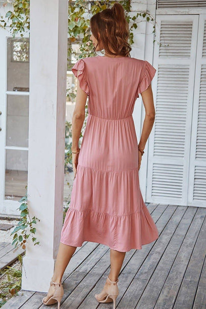 V Neck Flutter Sleeve Ruffle Hem Layered Dress