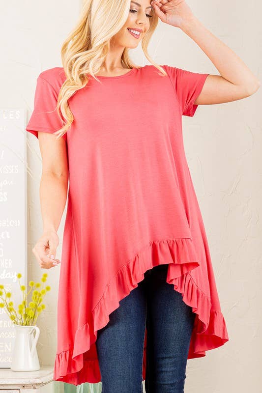 SOLID HIGH LOW TUNIC TOP WITH RUFFLED