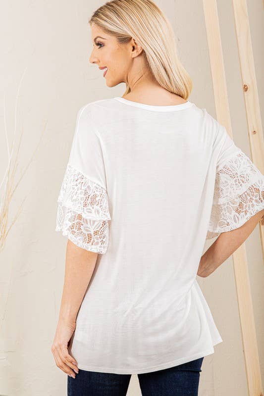 RUFFLED HALF SLEEVE SOLID AND LACE TOP