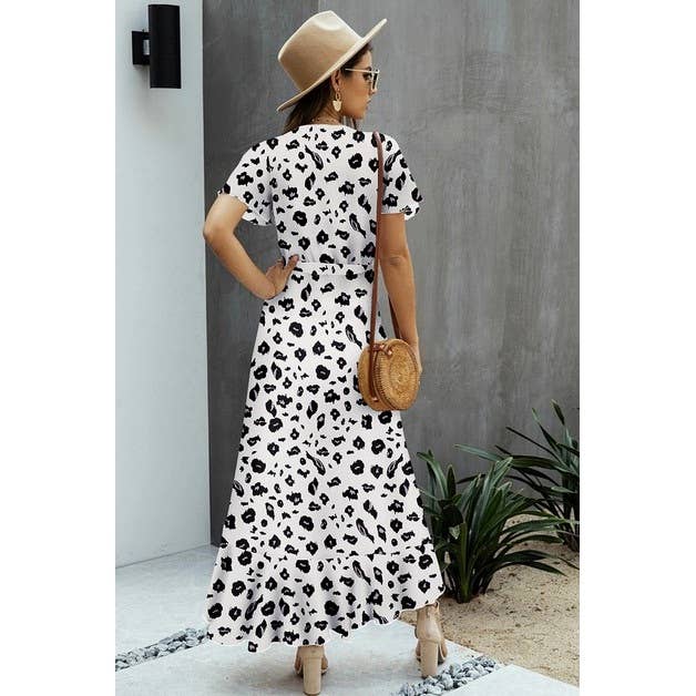 Allover Print High V Neck Low Wrap Dress