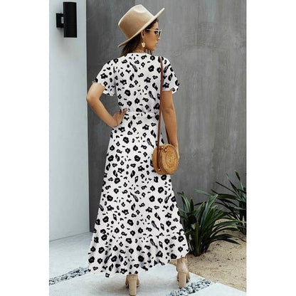 Allover Print High V Neck Low Wrap Dress