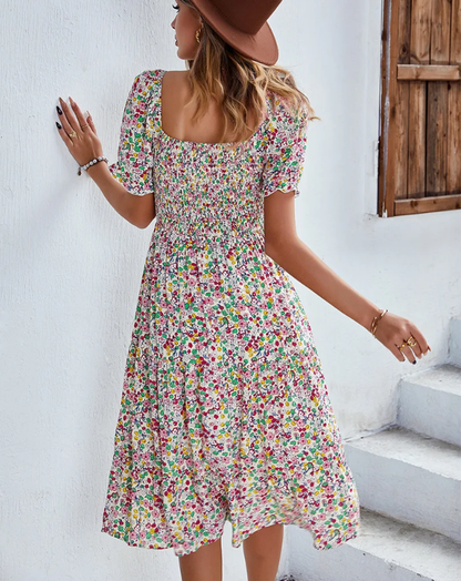 Bohemia Floral Puff Sleeve High Waist Flounce Sleeve Dress